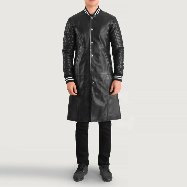 Mens Wilde Black Leather Varsity Coat Full Length-2-1704119082843